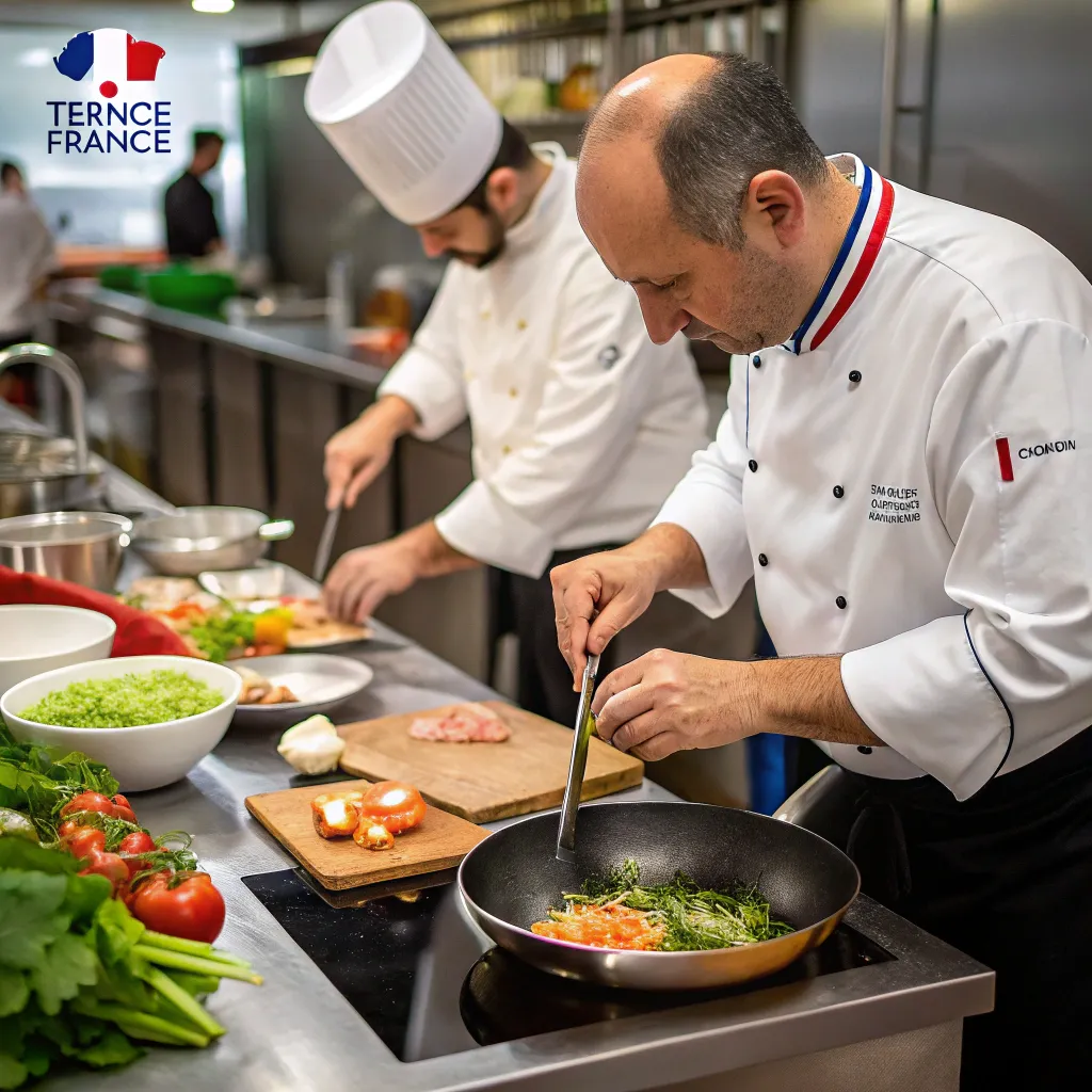 Professional chefs demonstrating French cooking techniques
