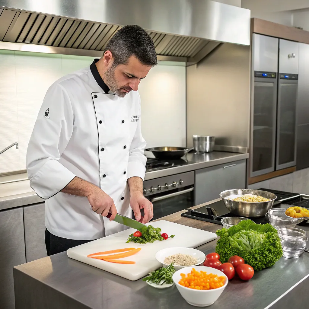 Chef demonstrating cooking techniques in a modern kitchen